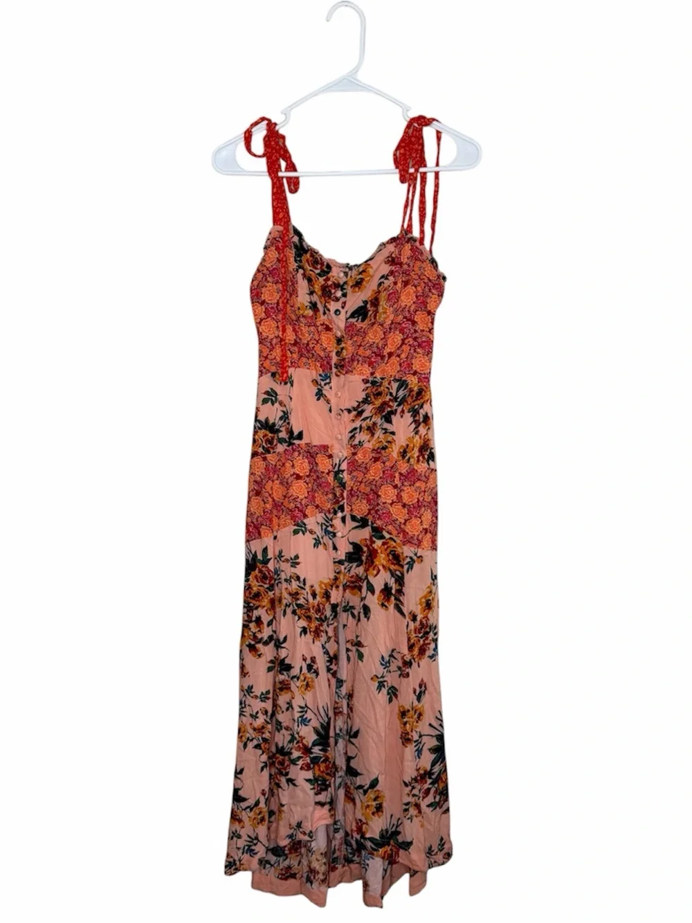 Free People Lover Boy Maxi Dress Size 2 Coral Combo Button Tie Straps Floral